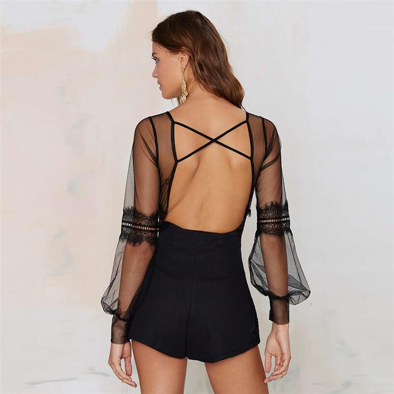 Sexy Black Long Sleeves Lace Sheer Patchwork Backless Bodysuit