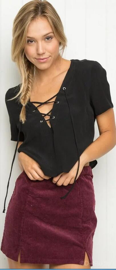 High Waist Pure Color Split Corduroy Slim Short Skirt