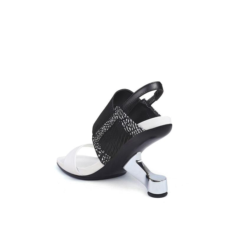 Leather Open Toe Color Block Special Shaped Heel Sandals