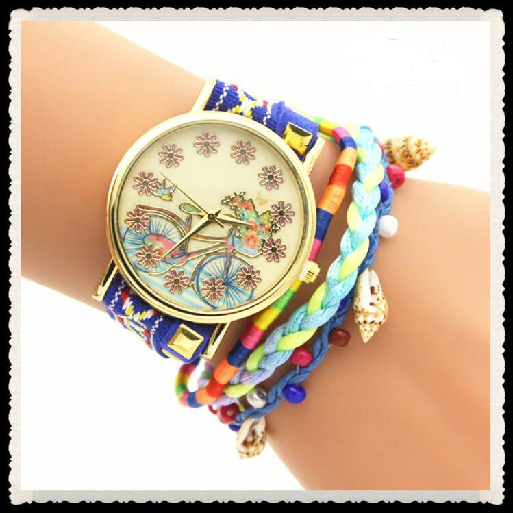 Personality Bike Print Woven Bracelet Watch