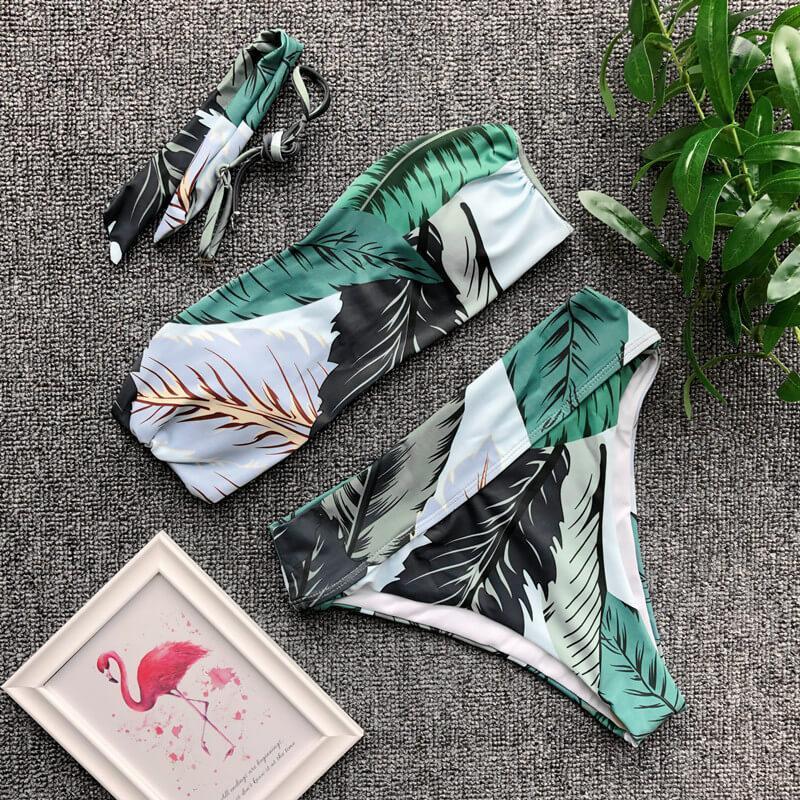 Leaves Print High Rise Thong Bottom Tube Bikinis