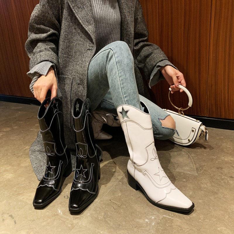 Fashion Leather Square Toe Star Chunky Heel Calf Boots