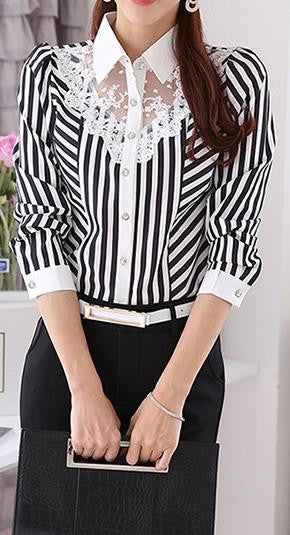 Turn-down Collar Long Sleeves Plus Size Striped Lace Patchwork Blouse