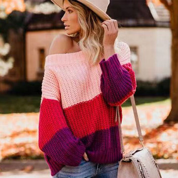 Off Shoulder Loose Colorblock Knit Sweater