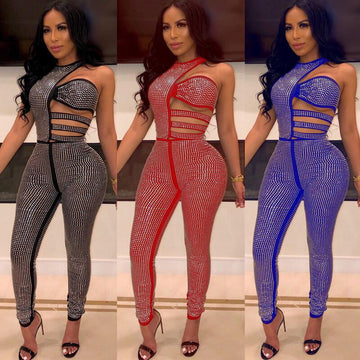 Party Sleeveless Bodycon Rhinestone Irregular Cutout Jumpsuits