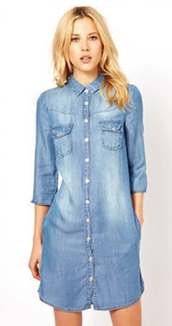 Turn-down Collar 1/2 Sleeves Plus Size Long Denim Blouse