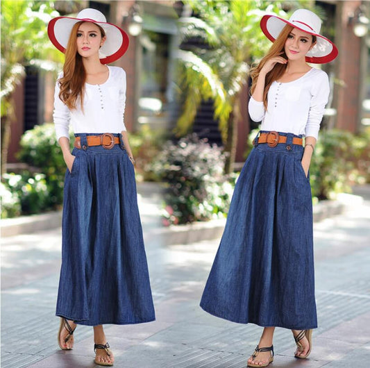 Denim Blue Elastic Waist Pleated Long Skirt With Belt On