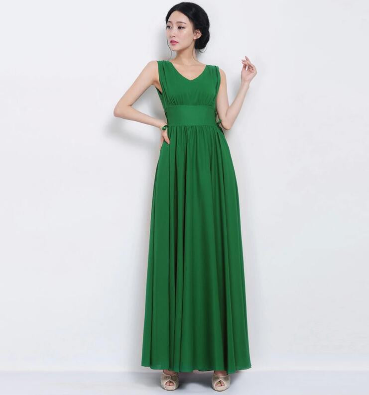 Beautiful Scoop Sleeveless Print Long Pleated Chiffon Dress