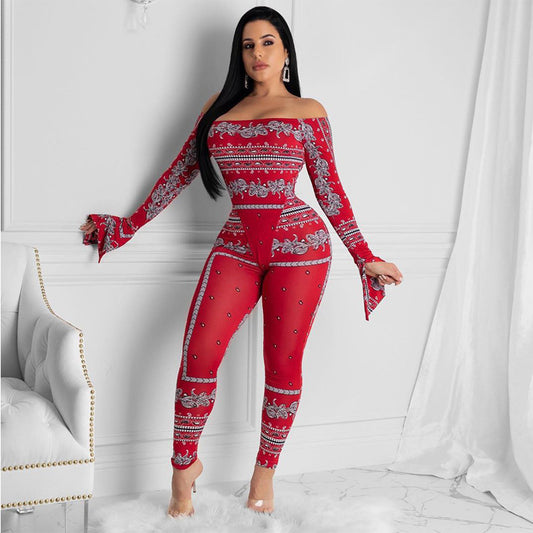 Sexy Long Sleeves Off Shoulder Print Skinny Jumpsuits