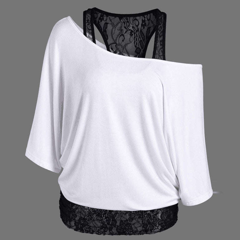 One Shoulder Batwing Sleeves Blouse with Lace Tank Top