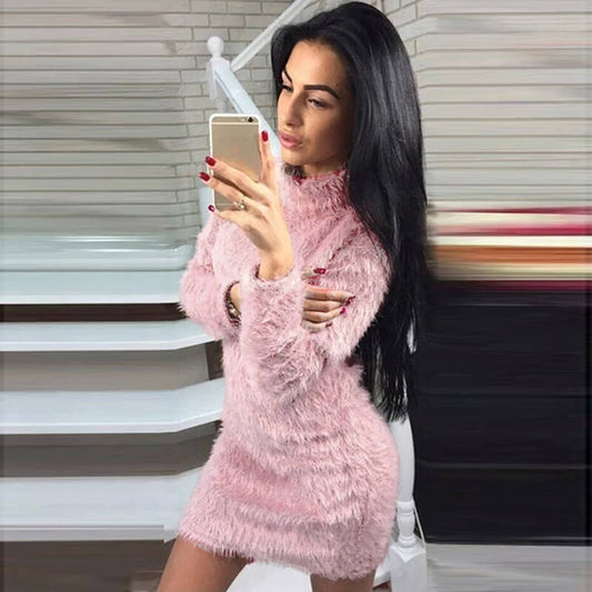 Turtleneck Fuzzy Pure Color Sweater Dress