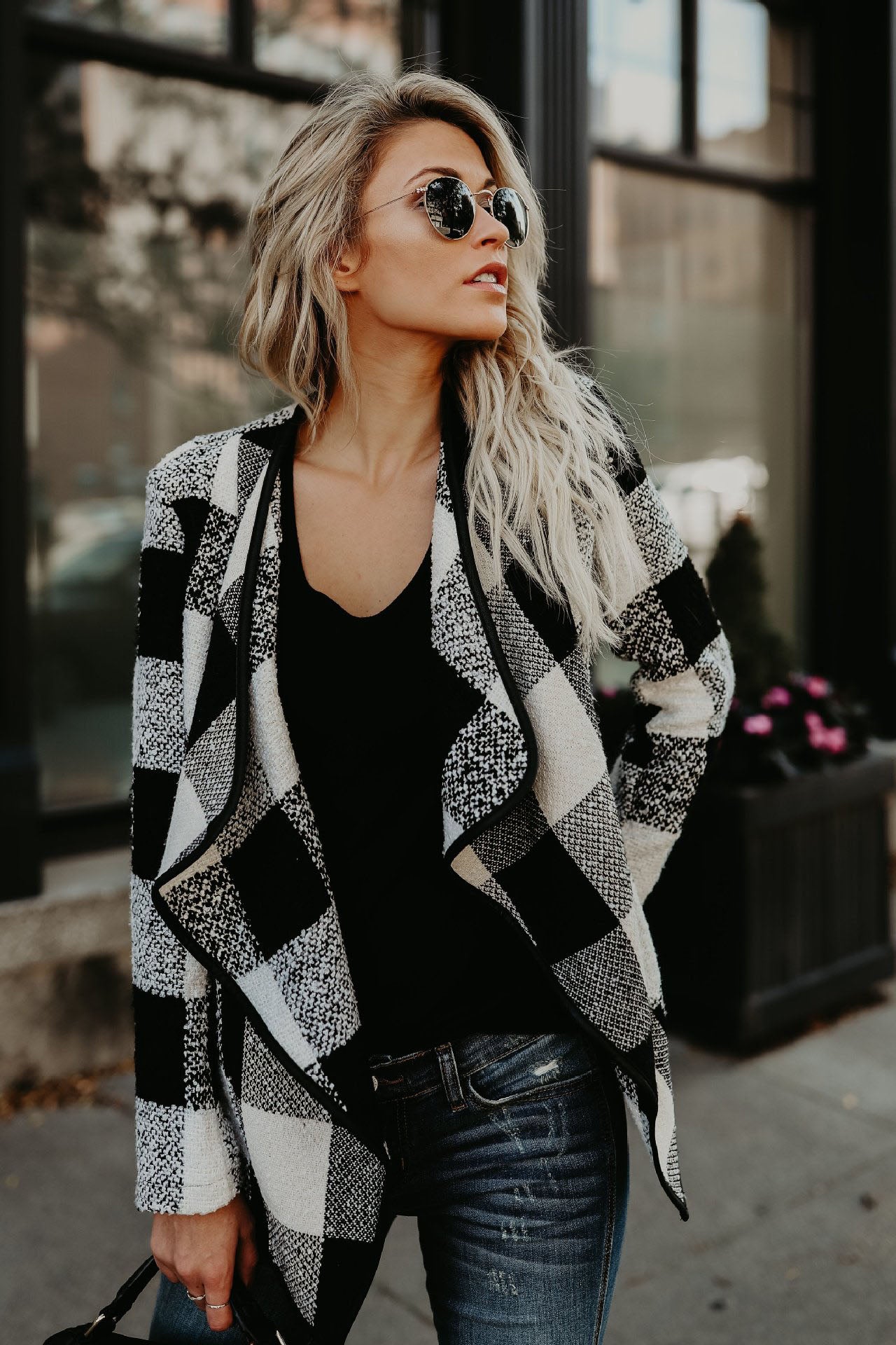 Plaid Lapel Loose Color Block Irregular Short Cardigan Coat