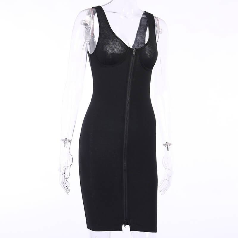 Two Way Zipper Ribbed Sleeveless Bodycon Dress