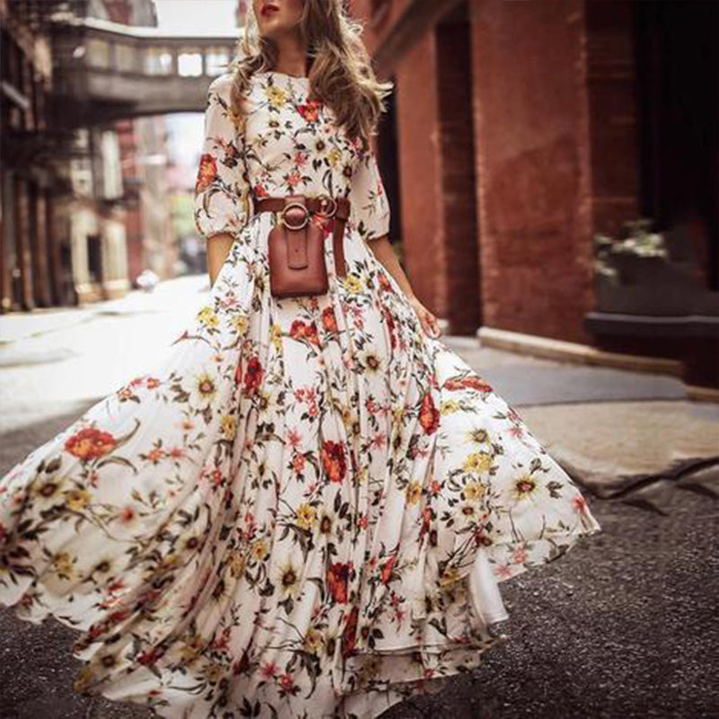 Short Sleeve Floral High Waist Boho Dress