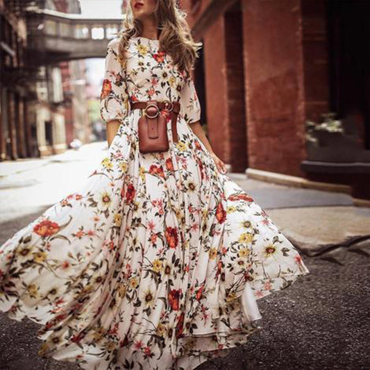 Short Sleeve Floral High Waist Boho Dress