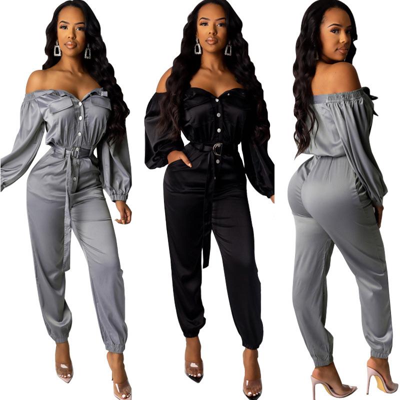 Party Long Sleeves Off Shoulder Belt High Waist Jumpsuits