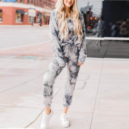Home Tie Dye Loose High Waist Long Sleeve Two Pieces Set