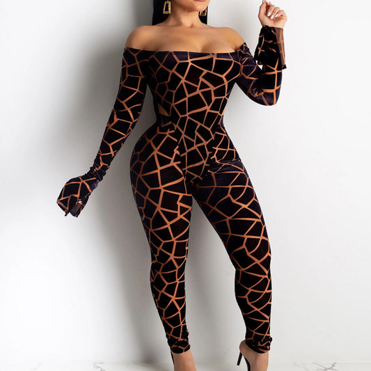 Sexy Long Sleeves Off Shoulder Print Skinny Jumpsuits