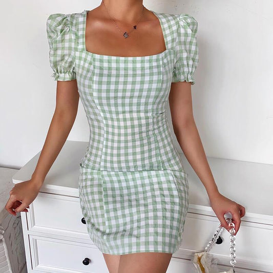 Vintage Puff Sleeve Plaid Tight Short Dress