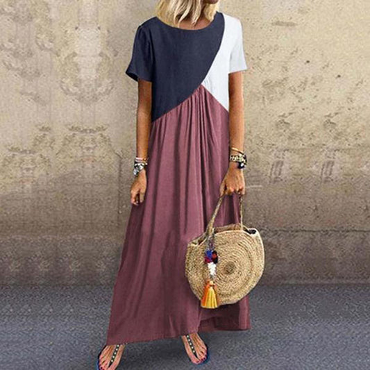 Vacation Short Sleeve Loose Colorblock Maxi Dress