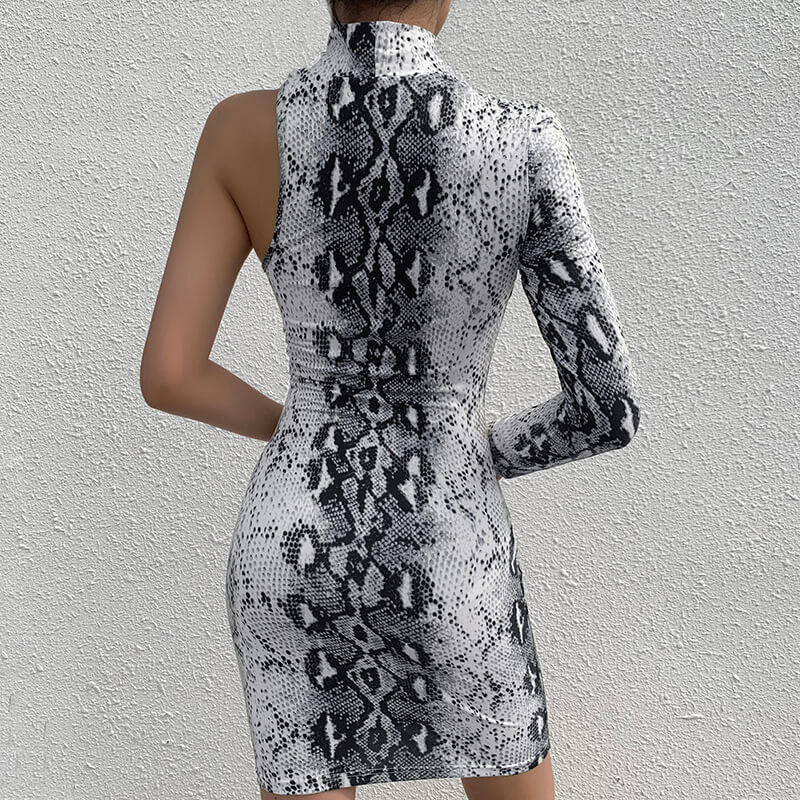 Snakeskin One Shoulder Cutout Bodycon Long Sleeve Dress