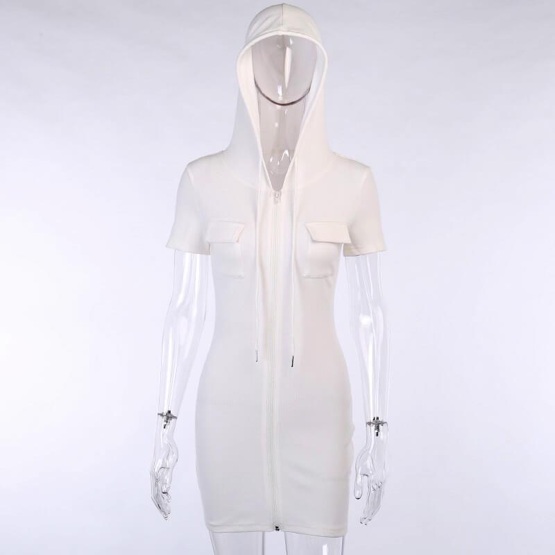 White Hooded Zipper Bodycon Dress