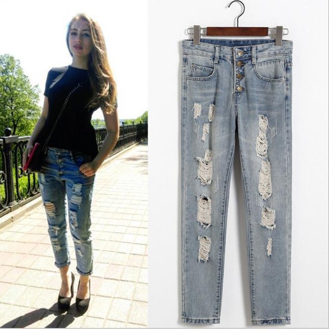 Ripped Buttons Holes 9/10 Denim Harem Pants - Meet Yours Fashion - 1