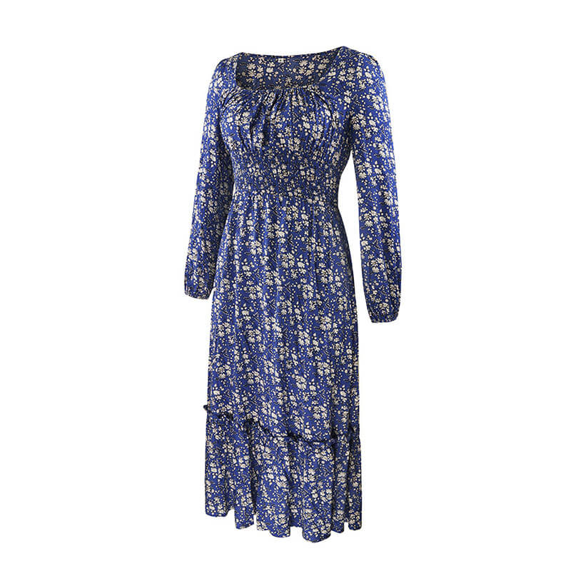 Retro Square Neck Floral Long Dress