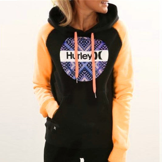 Letter Print Color Block Drawstring Pocket Hoodie