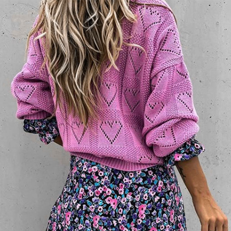 Hollow Out V Neck Heart Pattern Sweater