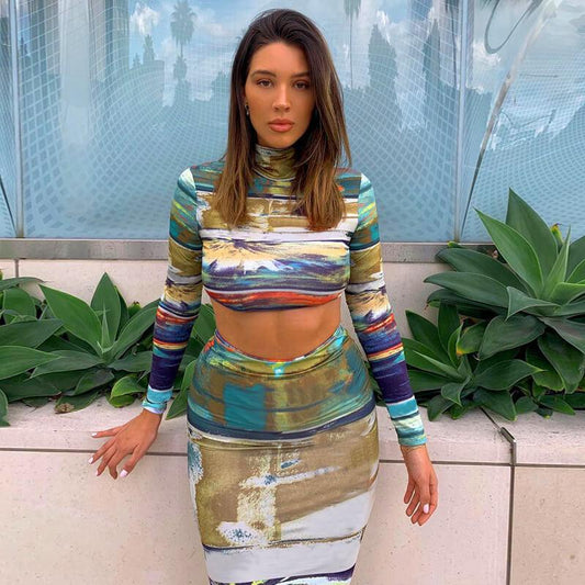Sexy Print Long Sleeve High Waist Bodycon Slim Two Pieces Set