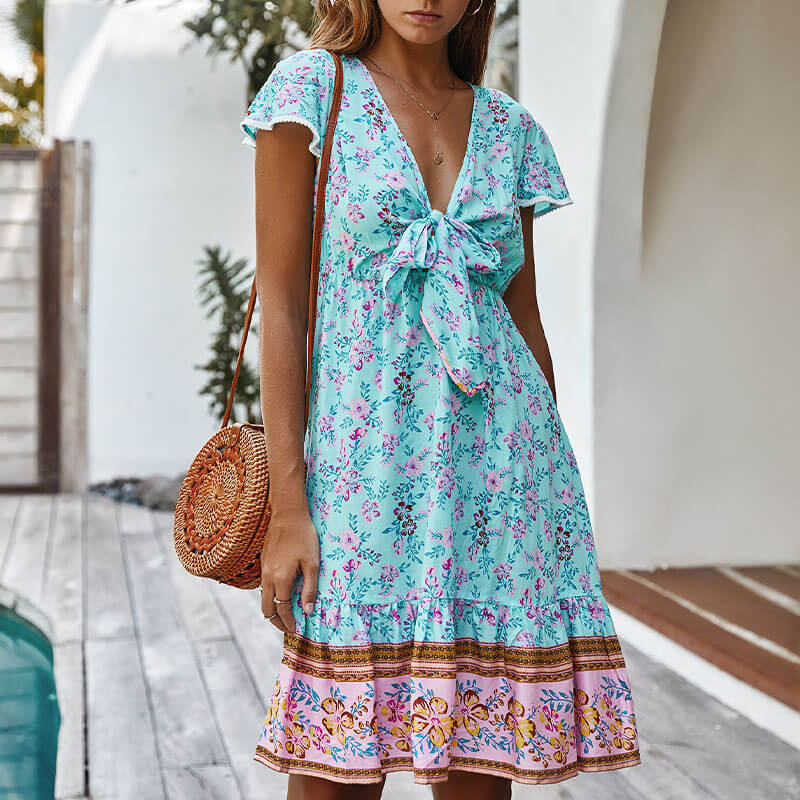 Boho Style V Neck Floral Short Dress