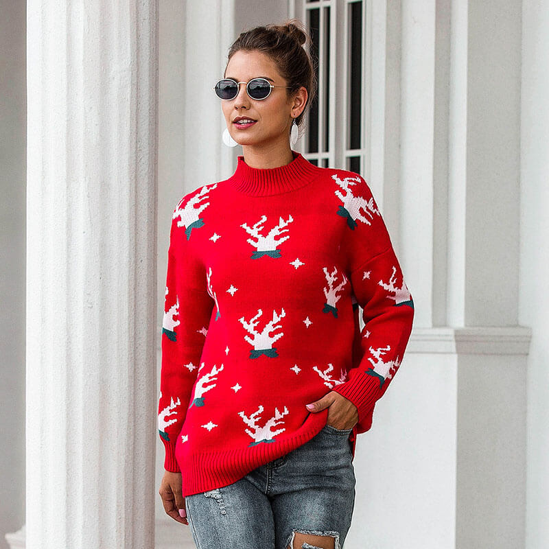 Ugly Christmas Reindeer Mock Neck Sweater