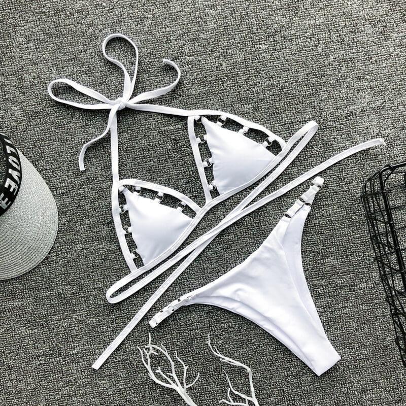 Hot Halter Bandeau Plain Cutout Thong Bottom Bikinis