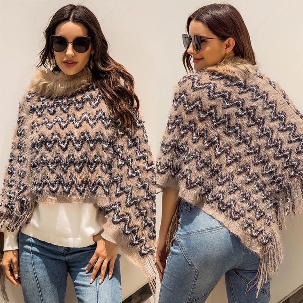 Shawl Collar Colorblock Fringe Poncho Sweater