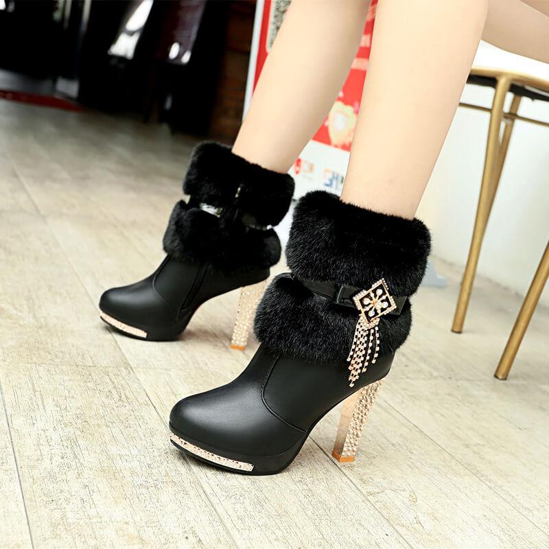 Rhinestone Fur High Heel Leather Calf Boots