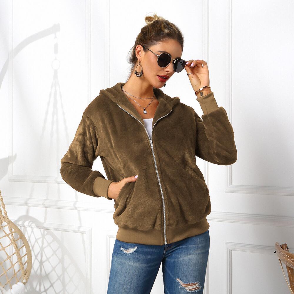 Faux Fur Hooded Zipper Jacket