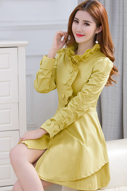 Ruffles High Neck Irregular Slime Button Long Coat