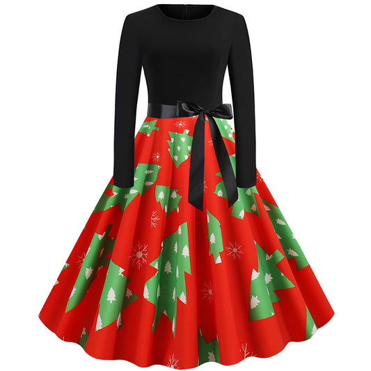 Retro Christmas Print Patchwork Swing Dress