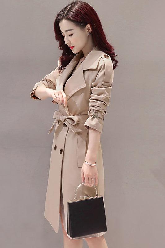 Simple Style Pure Color Lapel Belt Slim Long Coat