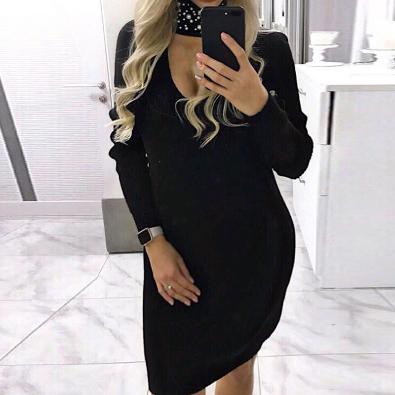 Turtleneck Beads Choker Oversized Sweater Dress