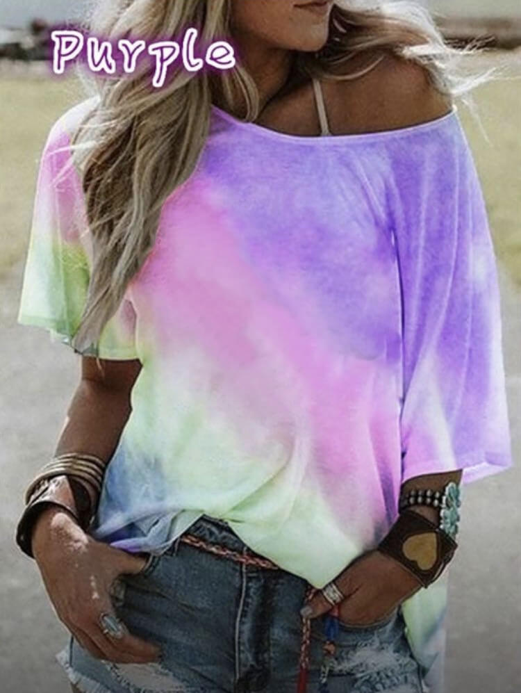 Summer Tie Dye Color Block Loose Bat T-shirts