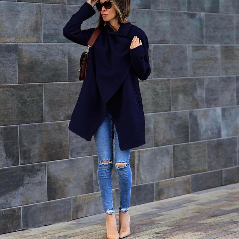 Lapel Open Front Plain Wool Coat