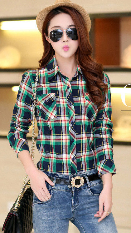 Turn-down Collar Plaid Flower Print Long Sleeves Slim Button Blouse