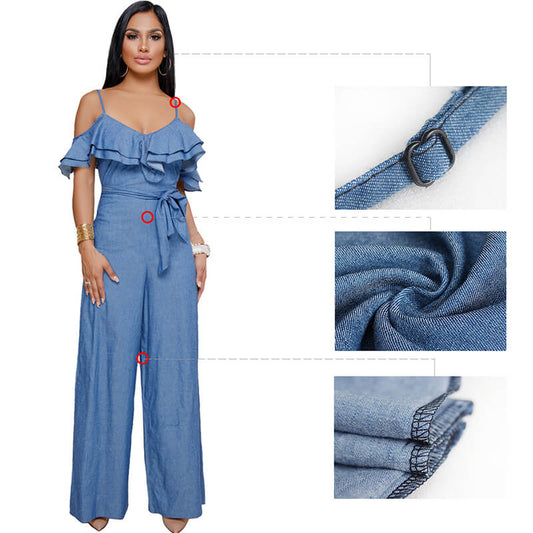 Blue Ruffled Spaghetti Strap Wide Jumpsuit