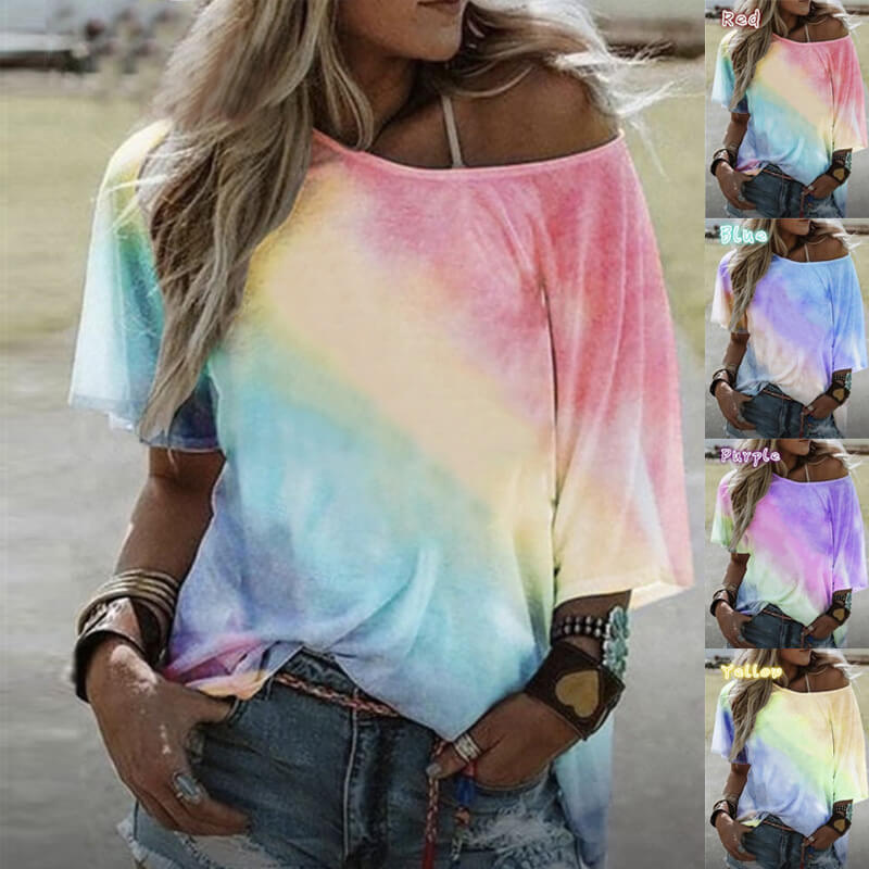 Summer Tie Dye Color Block Loose Bat T-shirts