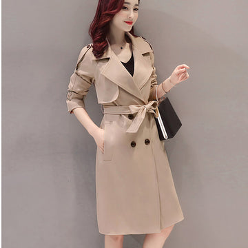 Simple Style Pure Color Lapel Belt Slim Long Coat