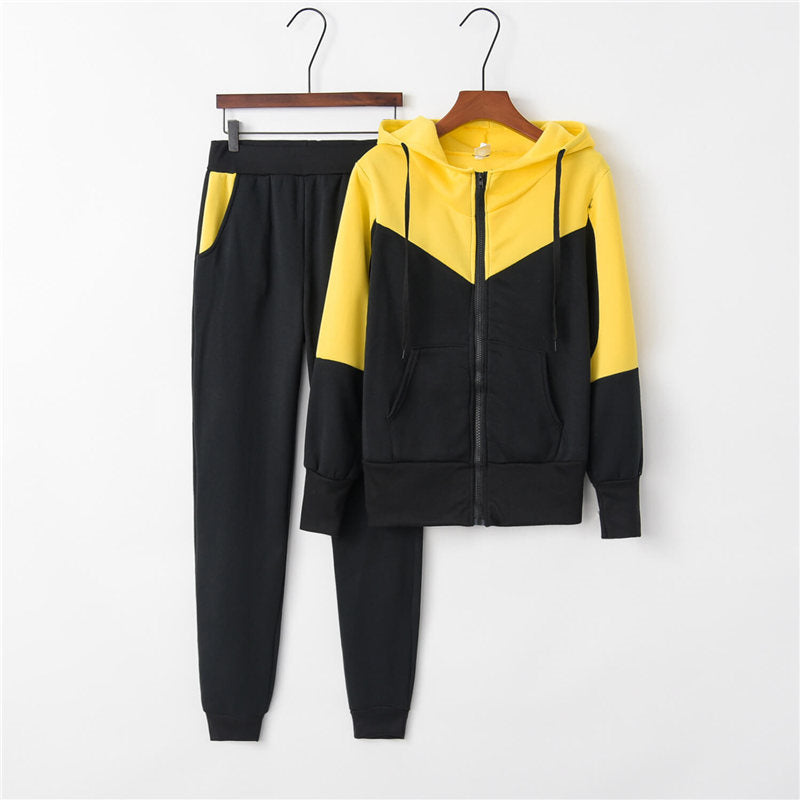 Casual Color Block Hooded Long Sleeve High Waist Pants Sets