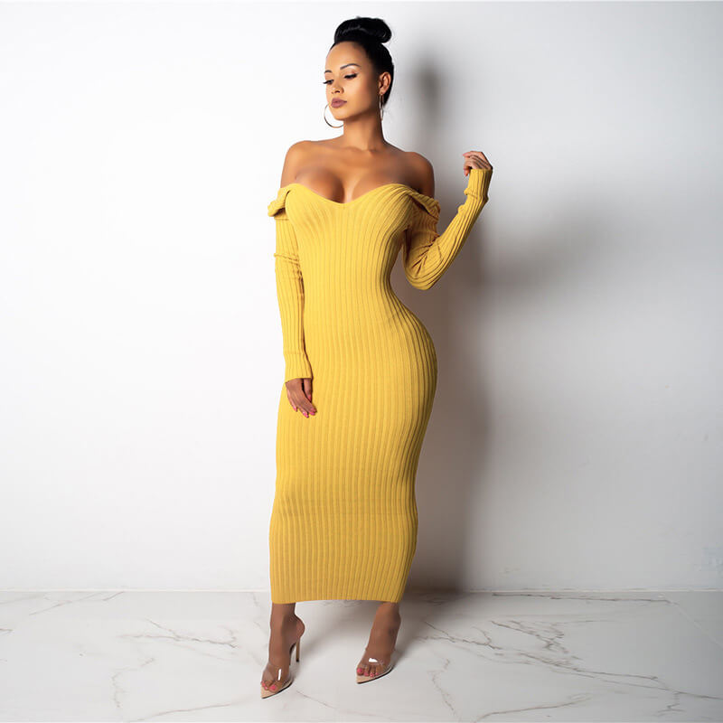 Plain V Neck Knit Bodycon Dress