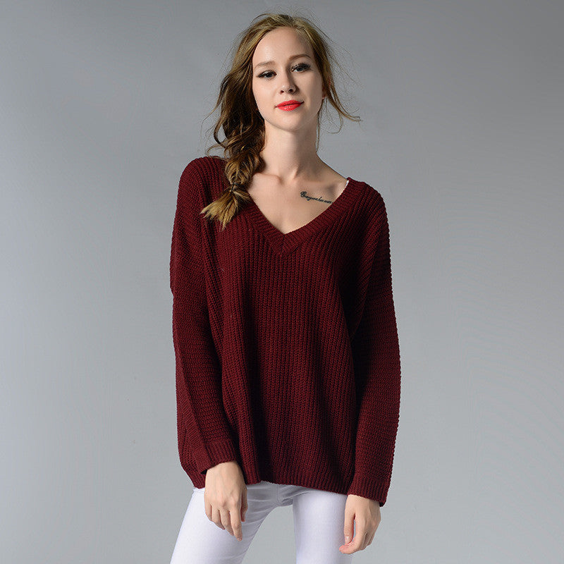 V-neck Pure Color Long Sleeves Loose Knit Pullover Sweater